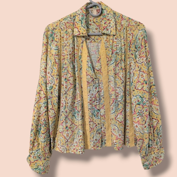 Anthropologie Yellow Printed Embroidered Puff Sleeve V-Neck Button-Up Blouse - Picture 2 of 12